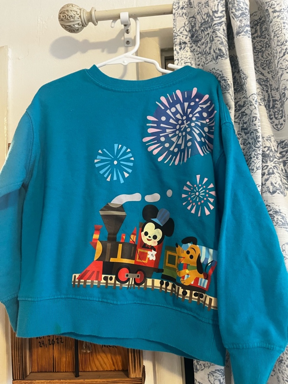 Disney Teal Sweatshirt with Mickey & Pluto Train and Fireworks